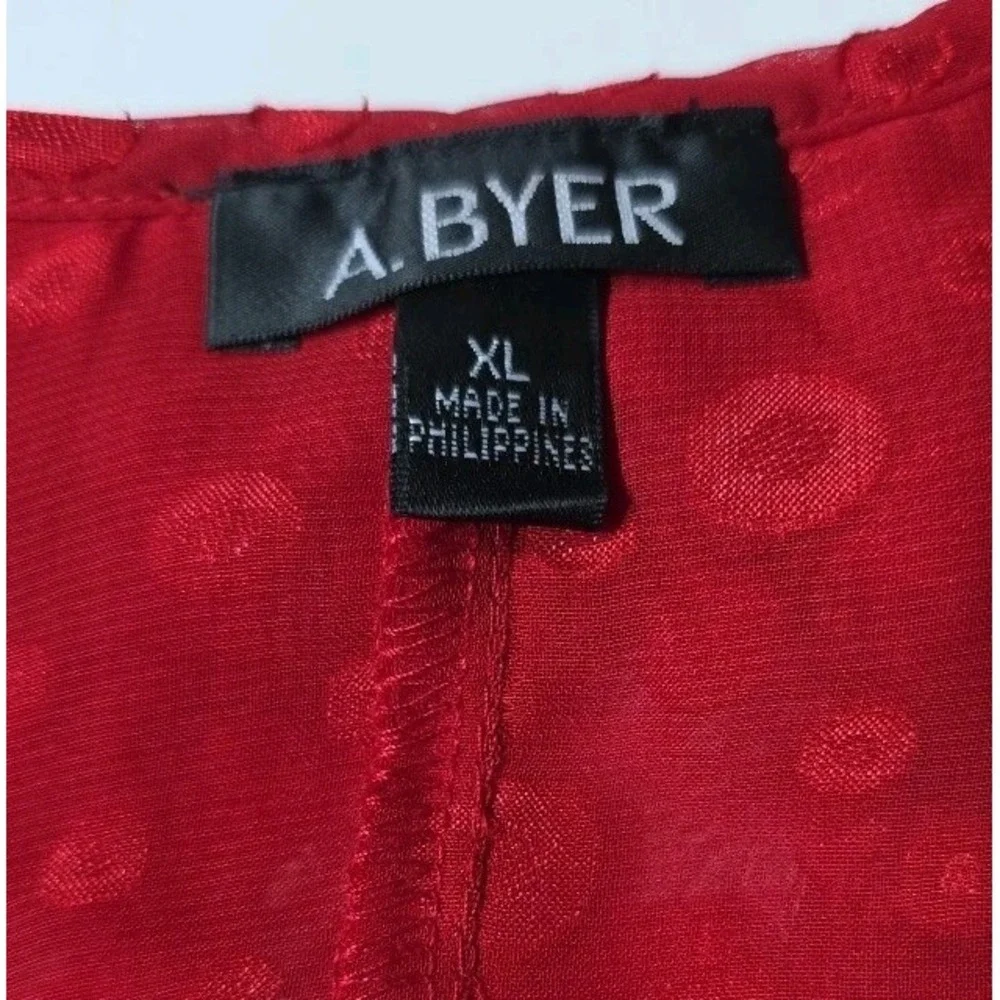Vintage A. BYER Red Sheer Career Blouse PUFF SLEEVE Size XL Valentines - Picture 3 of 9